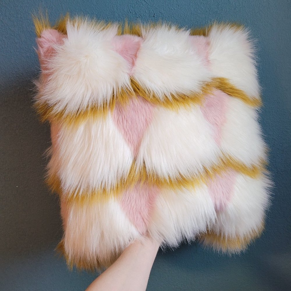 PAIR Anthropologie 17"x17" Fuzzy Pink White Green Pillows